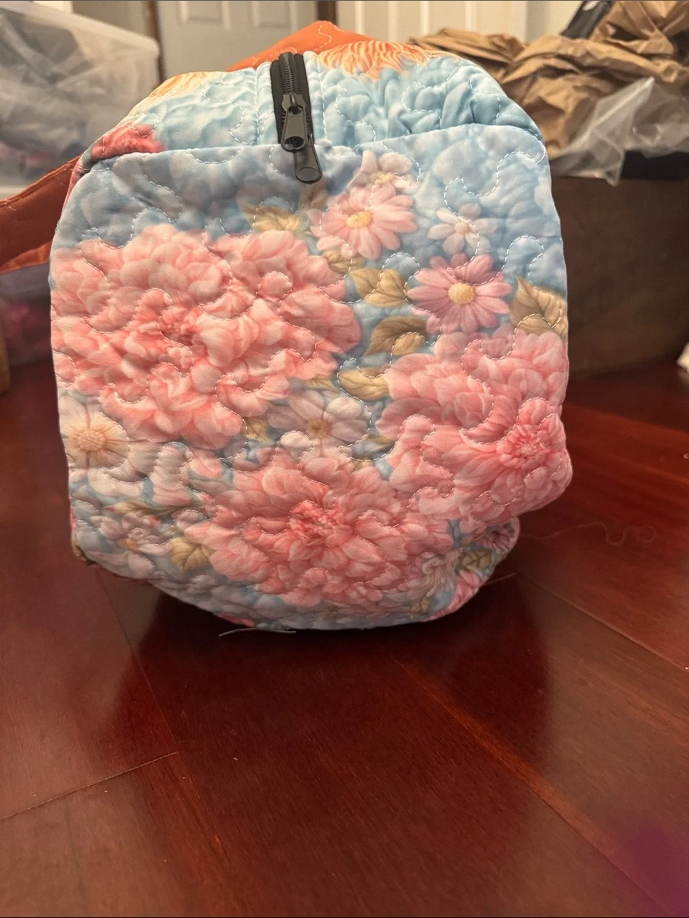 Quirky Floral High land cow Quilted Duffle Bag in Orange & Light Blue